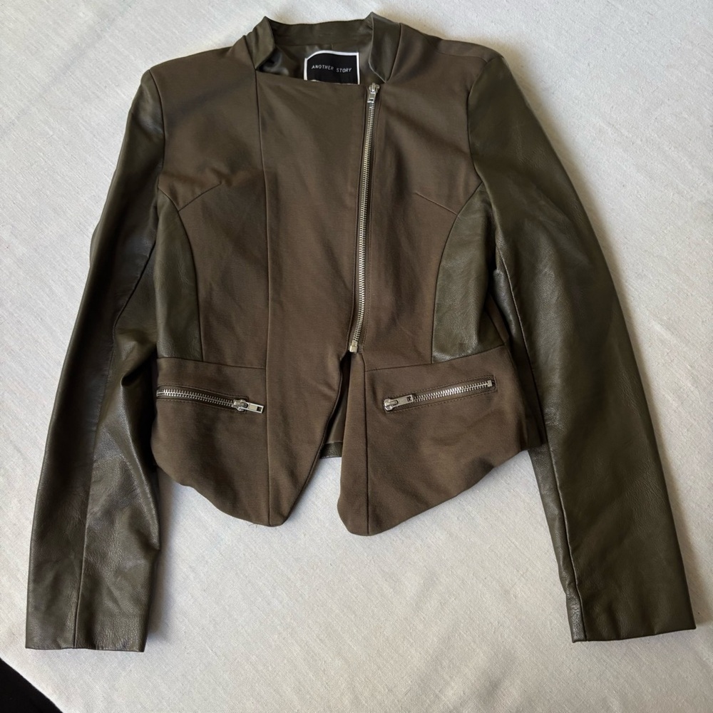 Another Story Faux Leather Mixed Fabric Jacket Khaki XS | Modern